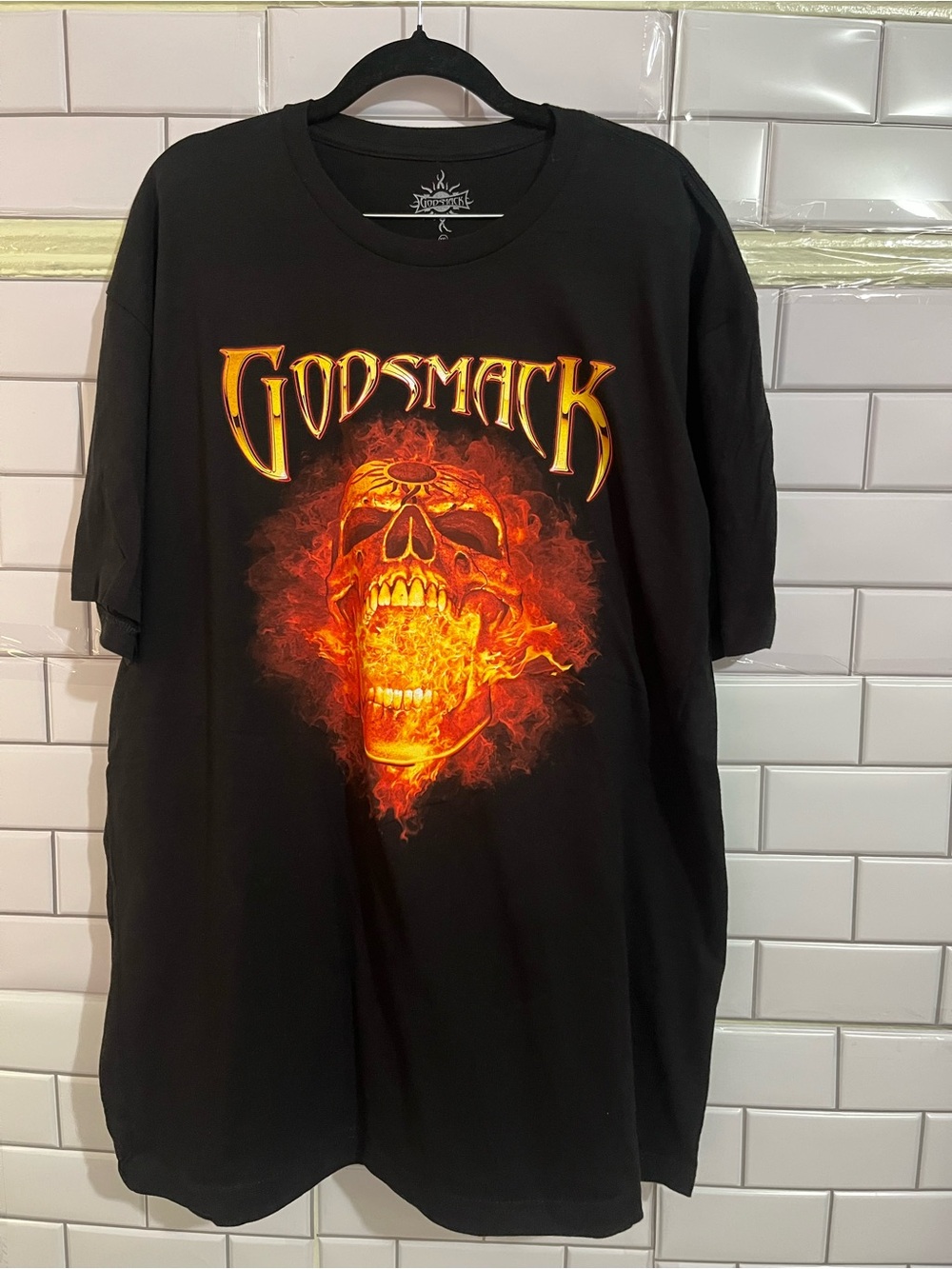 Godmack Concert Merchandise Black Short-Sleeve Graphic Tee with Fiery Skull